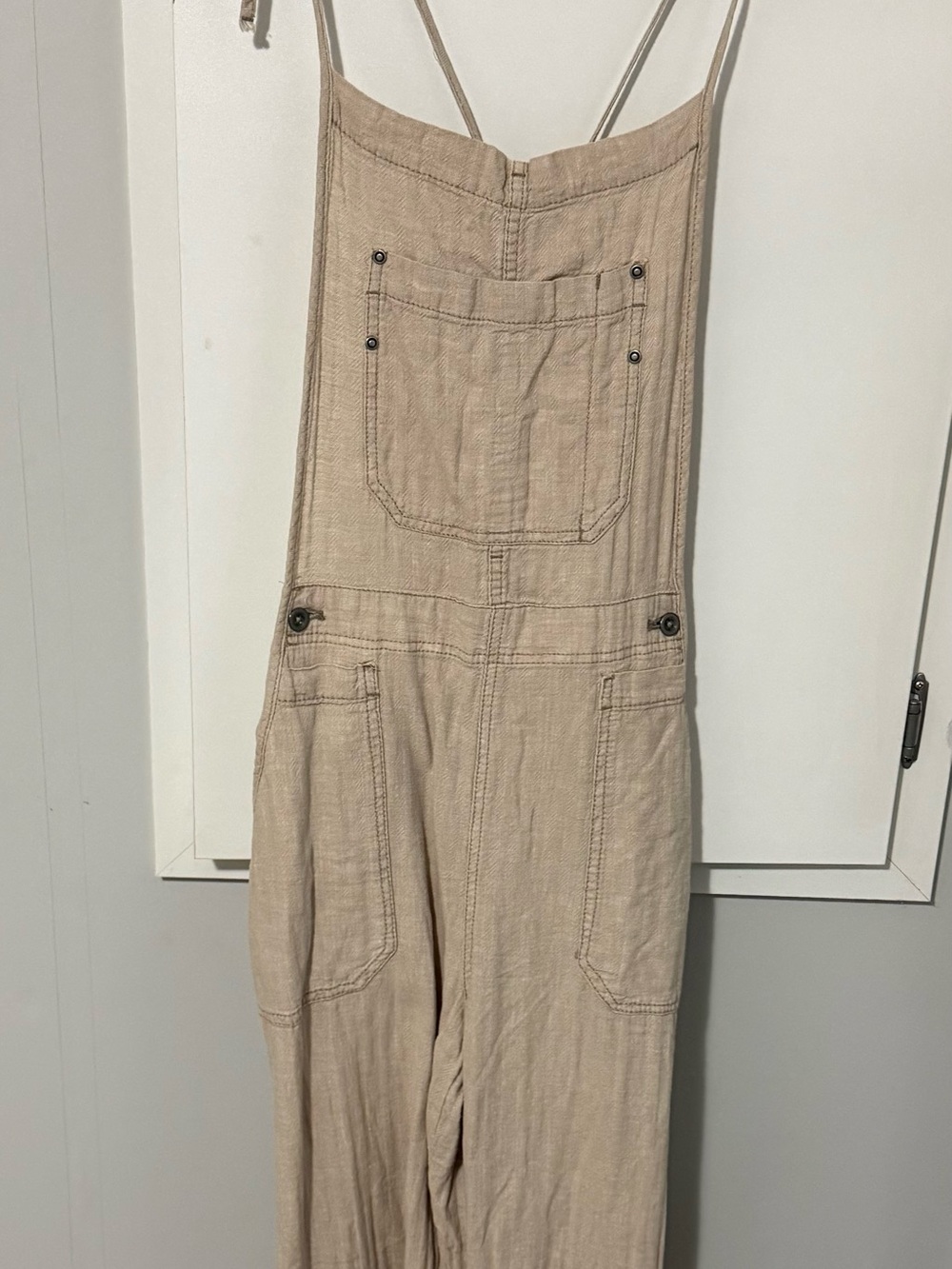 166. $128 Free People Natural Sights Beige Cotton Linen-Blend Strap Overalls